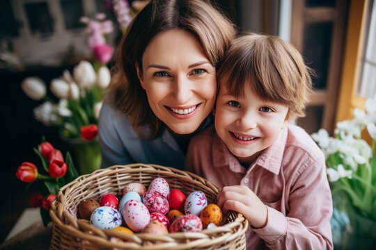 Portrait of a happy mom with her daughter with an Easter basket or a basket with Easter eggs or Easter eggs.generative ai
 - Powered by Adobe