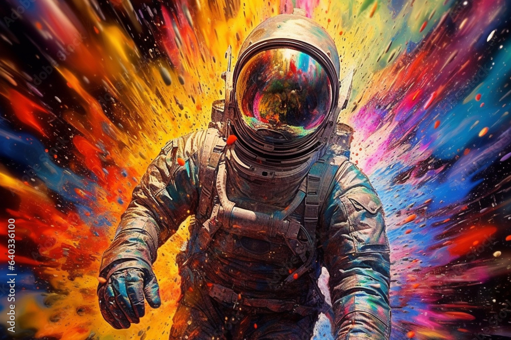 Poster an abstract painting featuring a cosmonaut surrounded by a burst of rainbow-colored cosmic energy, c