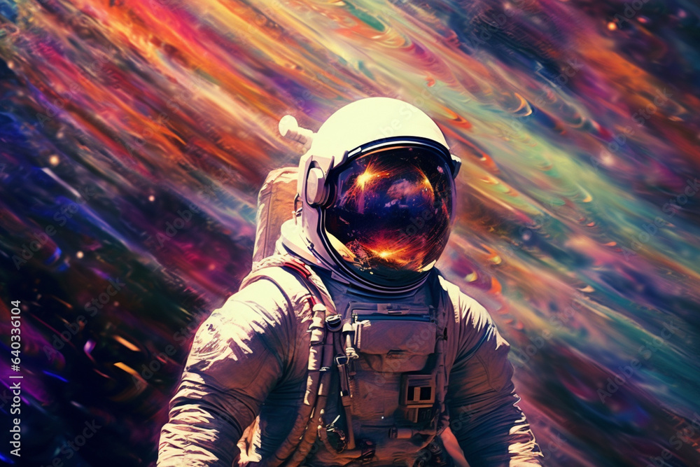 Leinwandbilder a visually striking illustration featuring a cosmonaut in a spacesuit, with a rainbow-colored trail 