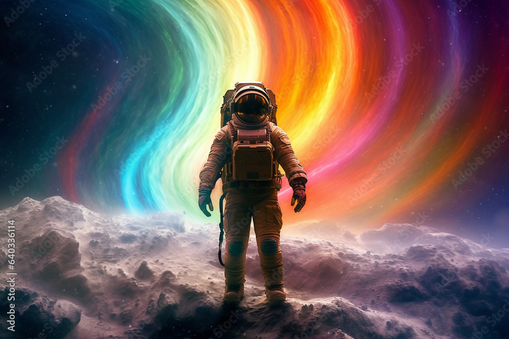 Poster A mesmerizing digital composition featuring a cosmonaut standing on a moonlit surface, with a vivid rainbow-colored aurora illuminating the sky. Generative AI technology.