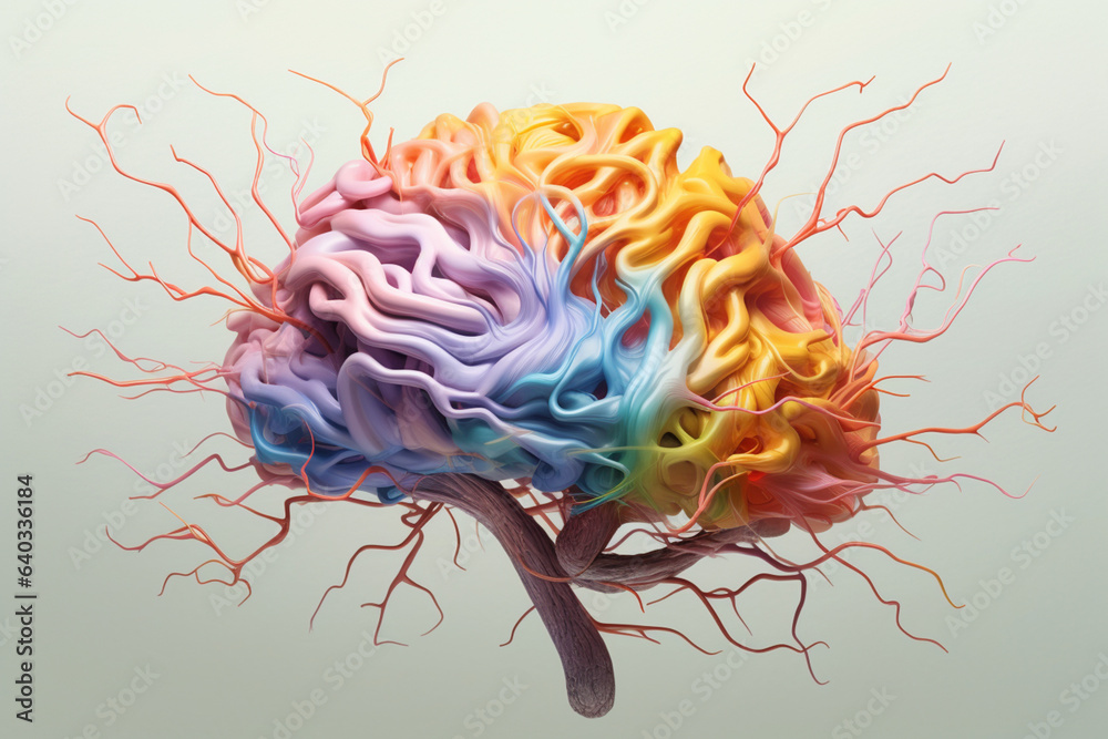 Poster A contemporary and minimalist representation of a brain with delicate flower petals as its intricate neural network. Generative AI technology.
