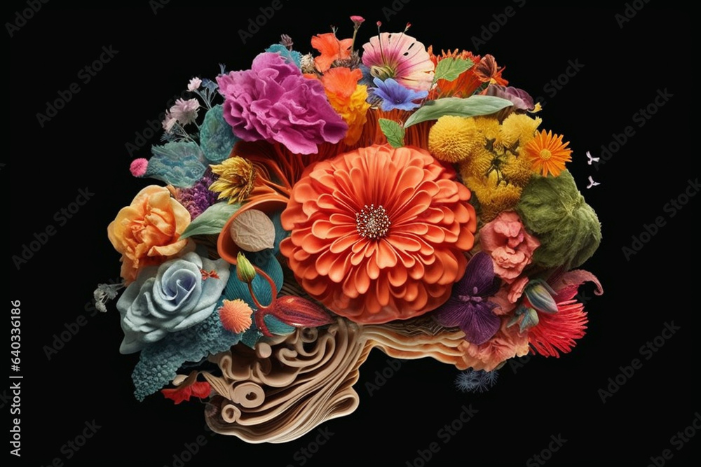 Poster An abstract collage featuring a brain shape filled with a collage of various floral elements, showcasing the complexity. Generative AI technology.