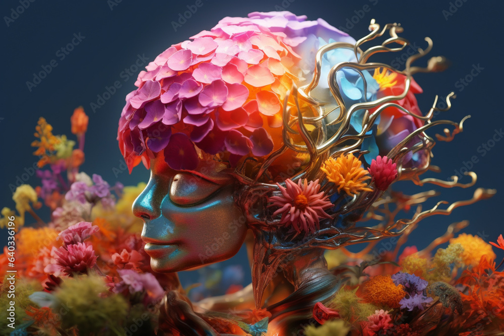 Poster An ethereal and mystical depiction of a brain with translucent flowers floating within, suggesting the interplay between consciousness. Generative AI technology.