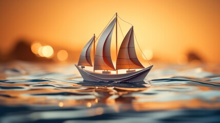 a toy paper boat in the water during sunset  - obrazy, fototapety, plakaty