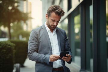 an upset businessman walking in the city while looking at his smartphone