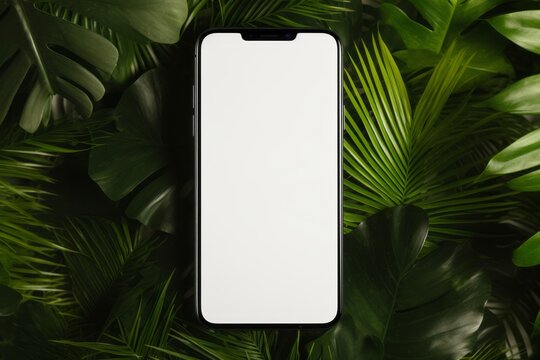 Phone or smartphone with a white screen with space for text, logo or picture on the background of beautiful green leaves, top view.generative ai
