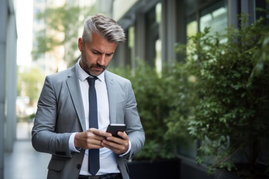 An Upset Businessman Walking In The City While Looking At His Smartphone