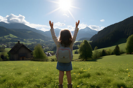 Image of a little girl in a beautiful field with a view of blue skies and the sun. Her arms are raised towards the sky as she tries to catch the sun, symbolizing carefree freedom. 