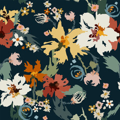 Floral seamless pattern with ornamental plants on a dark background. Creative modern vector