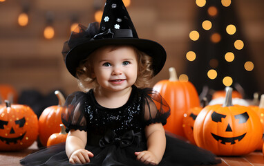 Adorable baby girl in a witch costume in a Halloween autumn decor with pumpkins. 