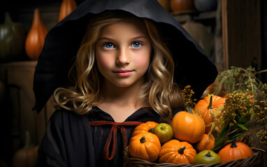 Adorable girl in a witch costume in a Halloween autumn decor with pumpkins. 