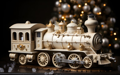 Beautiful white model train (steam train) in a Christmas blurred background decor. 