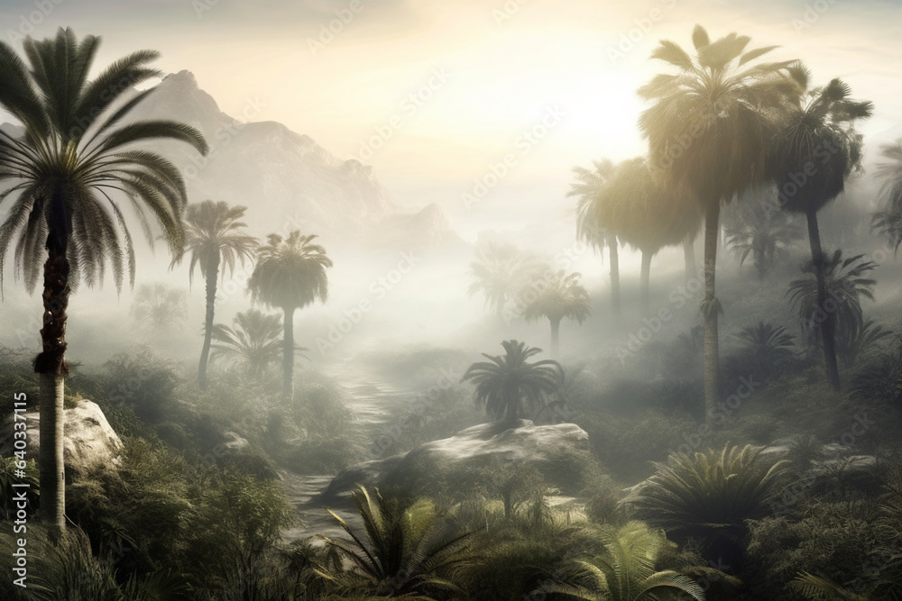 Leinwandbilder Mysterious Palm Enclave: An enigmatic scene of palm trees in a surreal landscape shrouded in mist and fog. Generative AI technology.