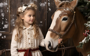 Christmas vibe with a girl petting a horse in a snowy scene