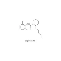 Bupivacaine flat skeletal molecular structure Local Anesthetic  drug used in local anasthesia, pain treatment. Vector illustration.