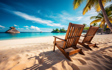 2 wooden sun beds on a white sand beach under palm trees, overlooking blue ocean and skies. Tropical getaway.