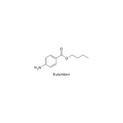 Butamben flat skeletal molecular structure Local Anesthetic  drug used in local anasthesia, pain treatment. Vector illustration.