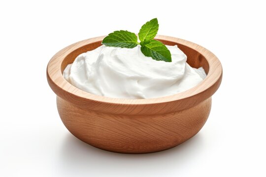 Sour cream or natural yogurt in a wooden bowl with a green leaf isolated on a white background.generative ai
