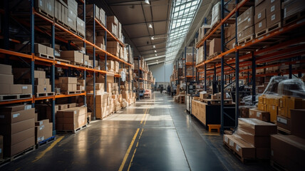 A large warehouse with numerous items. Rows of shelves with boxes. A large logistics warehouse full of boxes, parcels and merchandise.