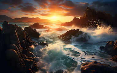 Fototapeta premium Rocks in water, ocean waves, sunset silhouette, nature's beauty. Tranquil scene. 