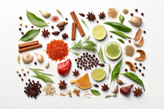 Background with spices and green leaves, peppercorns, cinnamon, green leaves, rosemary and other spices isolated on a white background, top view.generative ai
