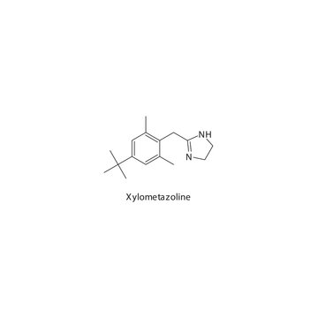 Xylometazoline flat skeletal molecular structure α1 agonist drug used in nasal congestion treatment. Vector illustration.