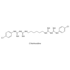 Chlorhexidine flat skeletal molecular structure Antibacterial agent drug used in skin disinfection treatment. Vector illustration.