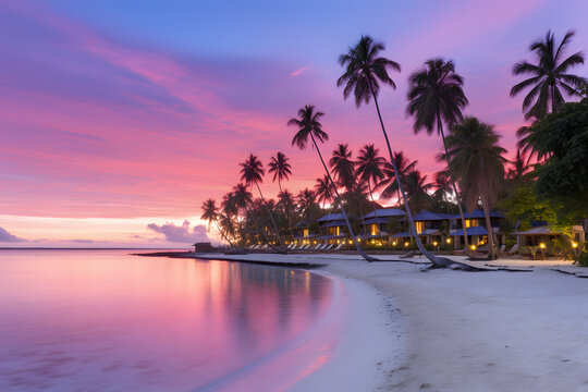 Beach with white sand, pink sunset, reflecting clouds on water, beach shacks, palm trees. Tropical paradise.