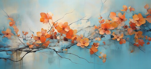 Watercolor painting of branches with orange flowers on a blue background.