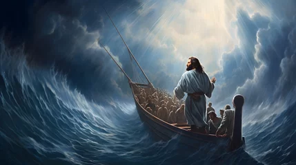Foto auf Acrylglas Jesus Christ on the boat calms the storm at sea. © ZayNyi