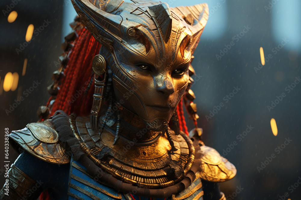 Aufkleber The image employs sharp angles and fiery colors to convey Sekhmet's fierce and destructive aspects. Generative AI technology.