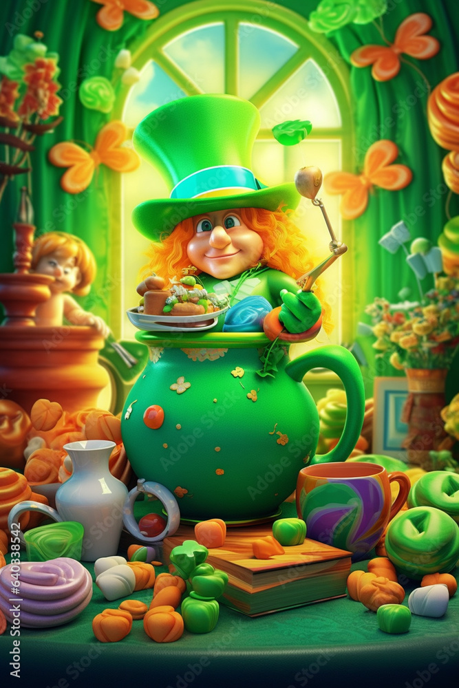 Aufkleber the image combines bold colors and whimsical shapes to evoke the magical spirit of st. patrick's day