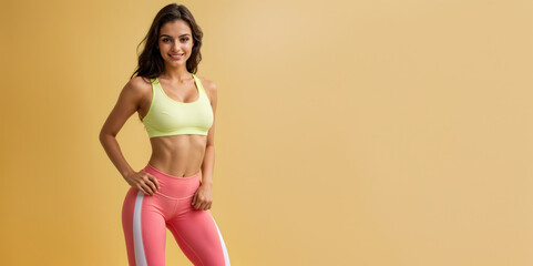 Fit and Healthy Brazilian Woman in Sportswear Against Yellow Backdrop. Health and fitness Advertising concept