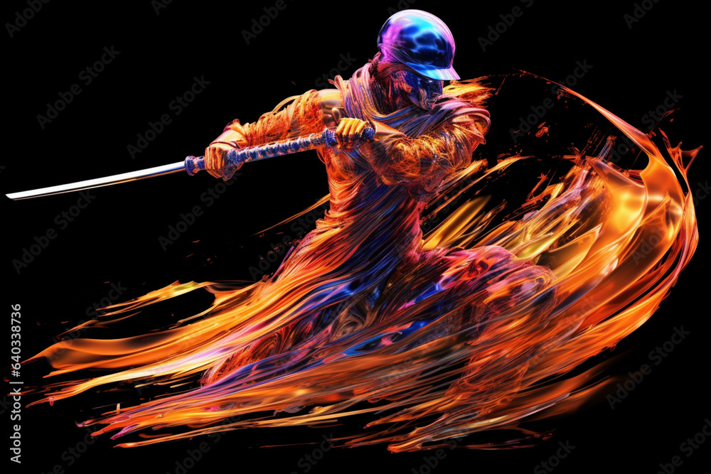 Aufkleber An abstract depiction of a samurai in mid-swing, with fluid lines and vibrant colors representing the power and precision of the sword strike. Generative AI technology.