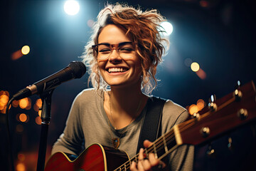 Obraz premium photograph of Smiling female musician wearing glasses. wide angle lens realistic lighting