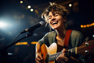 Obraz premium photograph of Smiling female musician wearing glasses. wide angle lens realistic lighting