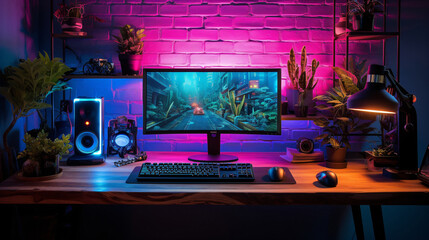 Gaming desk setup in a teenager room. Generative AI