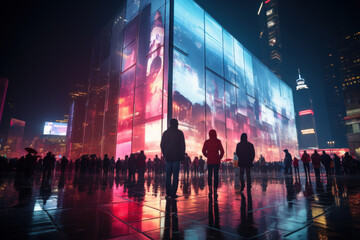 A giant screen for information and advertising in a futuristic city downtown.