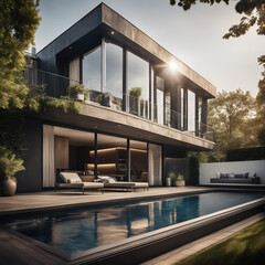 Comfortable modern house with a flat roof, illuminated by the setting sun, in modern style with large windows and a swimming pool near the house.