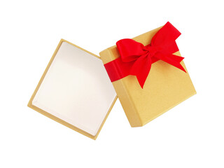 open empty luxury gold gift box with red ribbon bow isolated on transparent