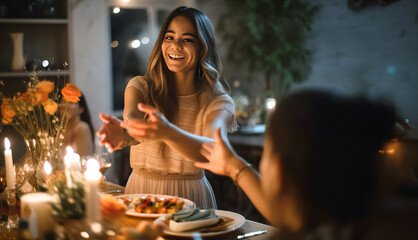A young woman warmly welcomes guests to her dinner party, embodying candid hospitality. The atmosphere is filled with social celebration as friends gather to enjoy a special evening.