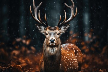 Beautiful deer in the winter forest under snowfall. Forest landscape