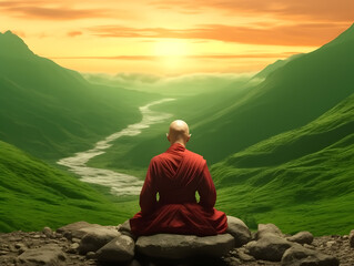 Naklejka na ściany i meble Buddhist monk in meditation on mountaintop at beautiful sunset or sunrise