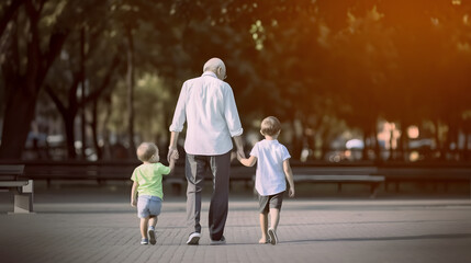 Fototapeta premium Grandfather walking with grandchildren at sunset. Concept of grandfather day, grandparents day.