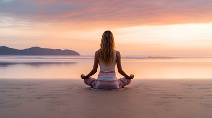 Back view of young woman doing yoga at beach during sunset