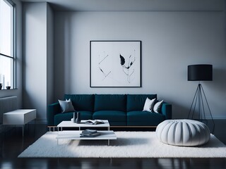 A bright minimalist living room setup with a comfortable couch, coffee table. AI Generated
