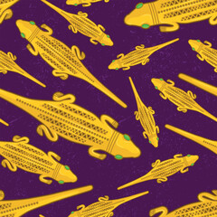 Beautiful colombian ancient indigenous Lizard representation seamless pattern over a violet worn out background