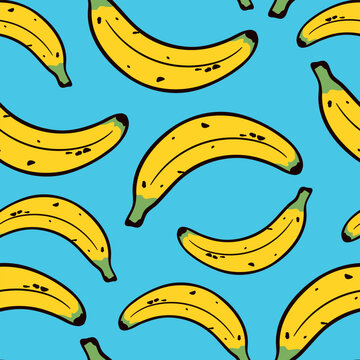 Modern banana fruit seamless pattern with light blue background