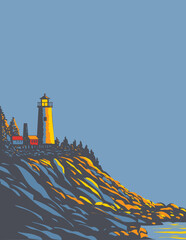 WPA poster art of Pemaquid Point Light, a lighthouse located in Bristol, Lincoln County at the tip of Pemaquid Neck, Maine, United States done in works project administration or Art Deco style.
- 640343562