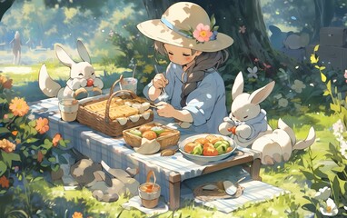 a girl and his rabbit having a picnic together in the garden